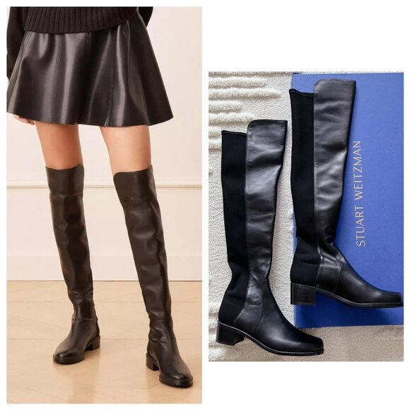 Stuart Weitzman City 5050 Heel Over The Knee OTK Black Leather Boots US 7 SPAIN - Picture 1 of 13